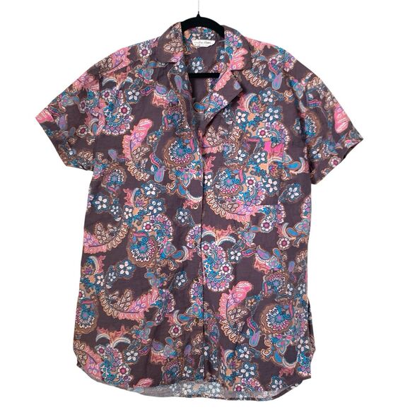 Free People Poolside Printed Boyfriend Shirt M Purple Paisley Floral Oversized - Picture 1 of 6